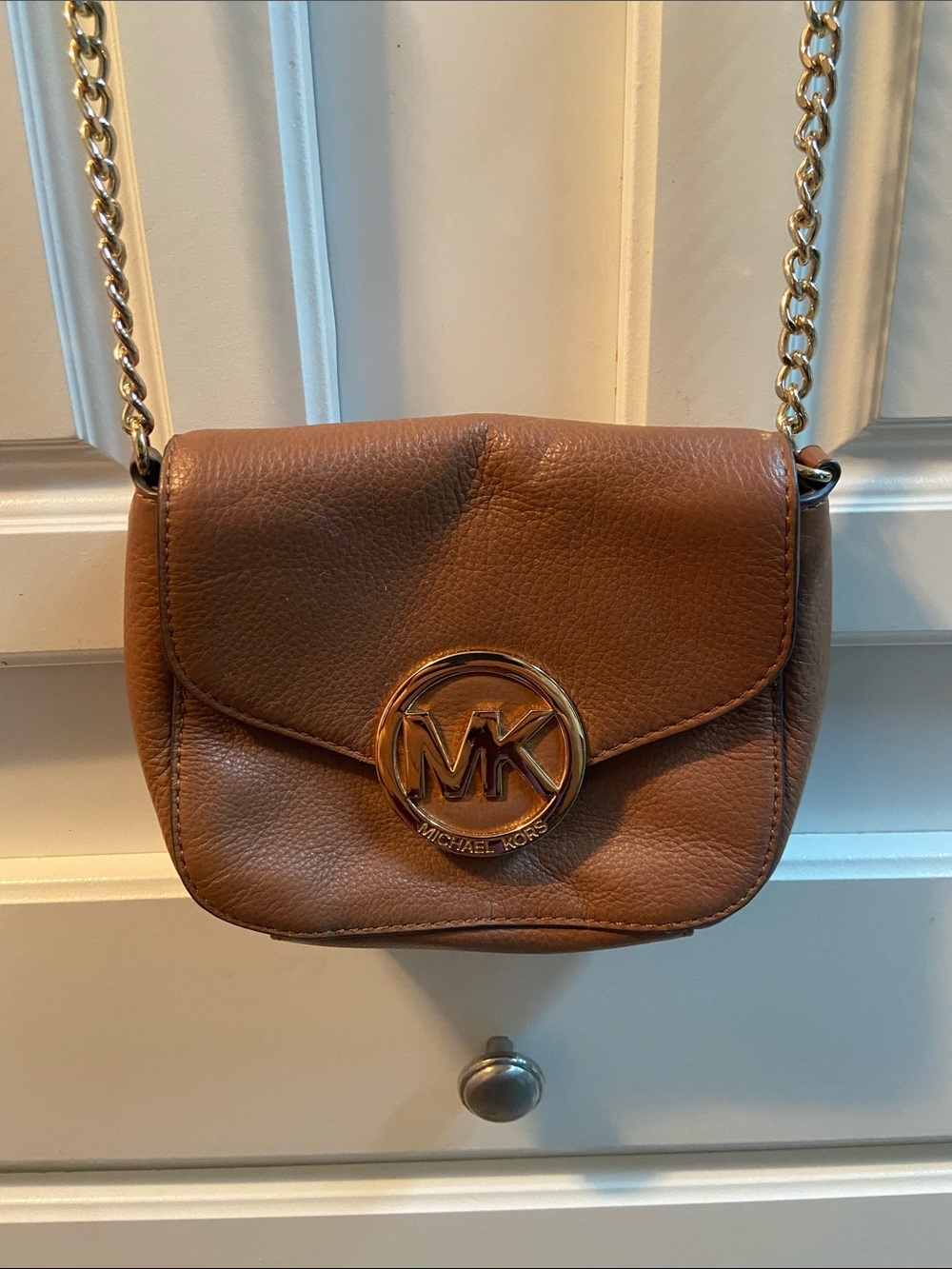Michael Kors Tan Leather Crossbody with Gold MK Emblem